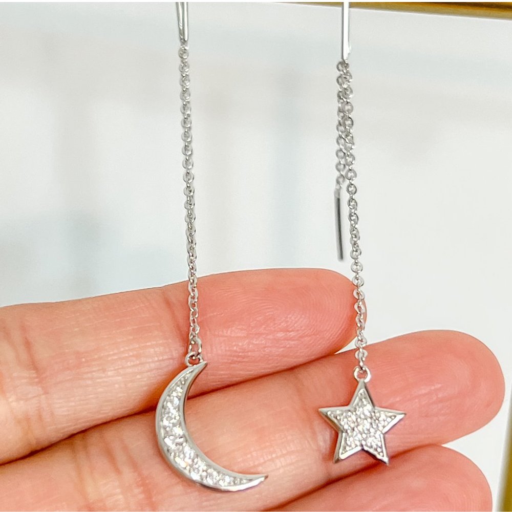 Crescent Moon & Star Drop Earrings, Night Sky Drop Earrings, Bridesmaid Jewelry - Picture 7 of 12